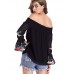 Women's Casual/Daily Sexy Fall Blouse,Embroidered Boat Neck Long Sleeve White / Black Polyester Opaque