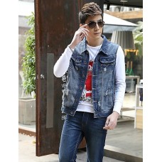 Men's Fashion Casual Solid Blue Sleeveless Jacket, Regular Denim / Jean WearFashion Blue Color All Seasons Men's Fashion Wear