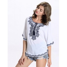 Women's Casual/Daily Sexy Summer Shirt,Embroidered Round Neck ? Length Sleeve White Polyester Opaque